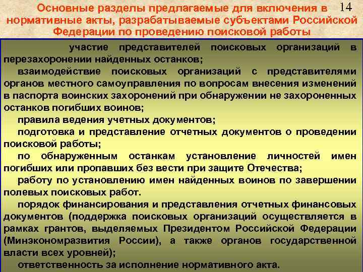 Основные разделы предлагаемые для включения в 14 нормативные акты, разрабатываемые субъектами Российской Федерации по
