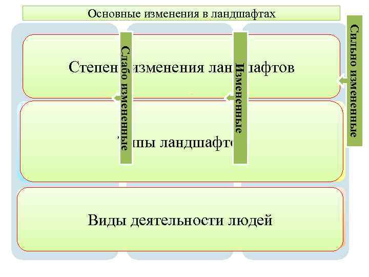 Основные изменения в ландшафтах Примитивное скотоводство и земледелие, охотничий промысел Культурные ландшафты: сады, распаханные