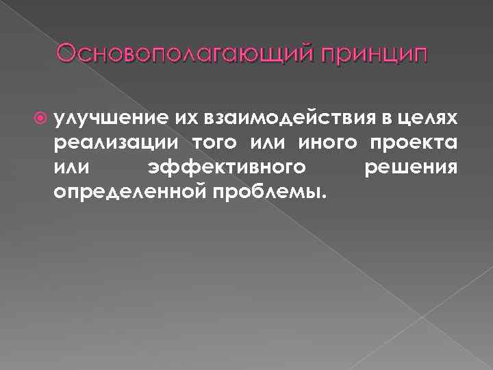 Основополагающий принцип улучшение их взаимодействия в целях реализации того или иного проекта или эффективного