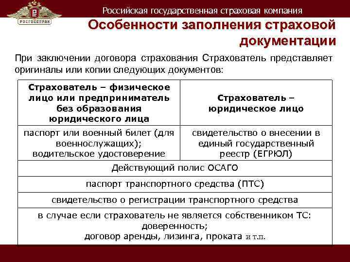 Российская государственная страховая компания Особенности заполнения страховой документации При заключении договора страхования Страхователь представляет