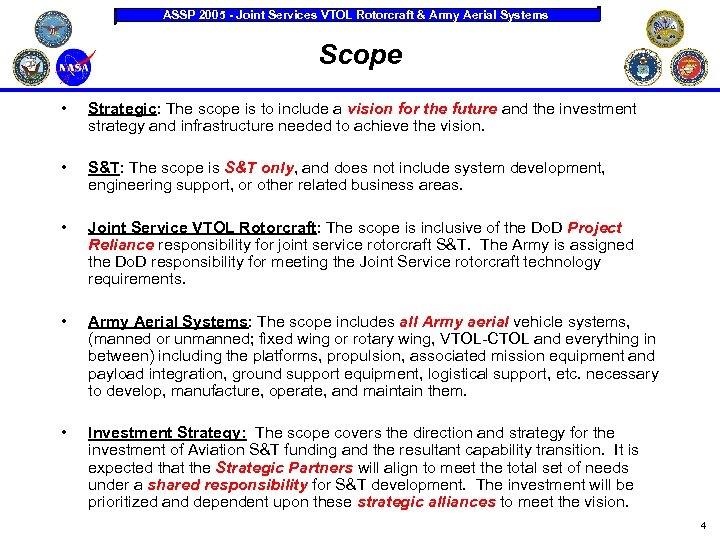 ASSP 2005 - Joint Services VTOL Rotorcraft & Army Aerial Systems Scope • Strategic: