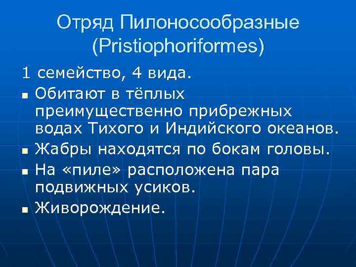 Отряд Пилоносообразные (Pristiophoriformes) 1 семейство, 4 вида. n Обитают в тёплых преимущественно прибрежных водах