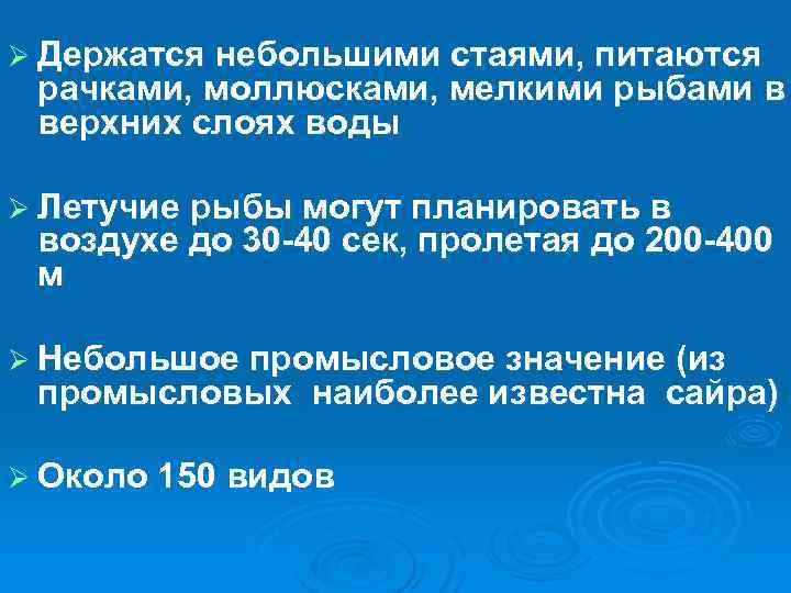 Ø Держатся небольшими стаями, питаются рачками, моллюсками, мелкими рыбами в верхних слоях воды Ø