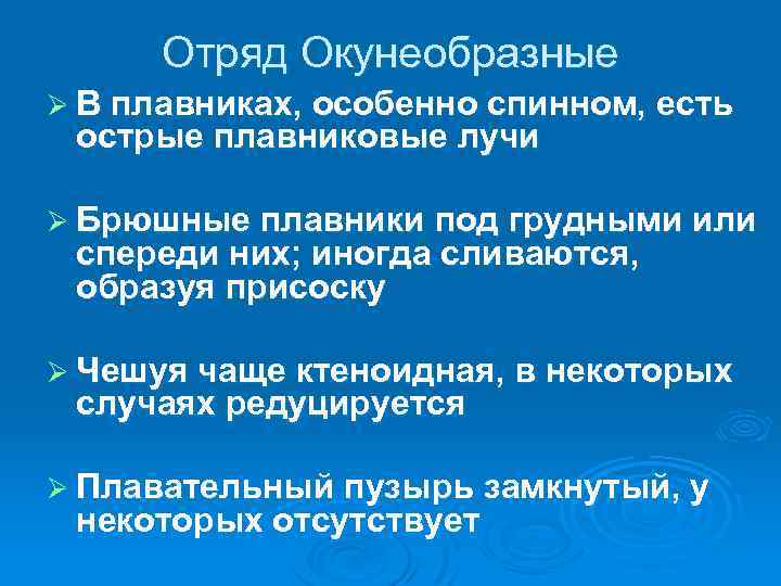 Отряд Окунеобразные Ø В плавниках, особенно спинном, есть острые плавниковые лучи Ø Брюшные плавники