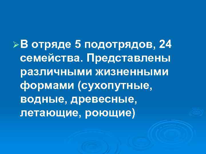 Ø В отряде 5 подотрядов, 24 семейства. Представлены различными жизненными формами (сухопутные, водные, древесные,