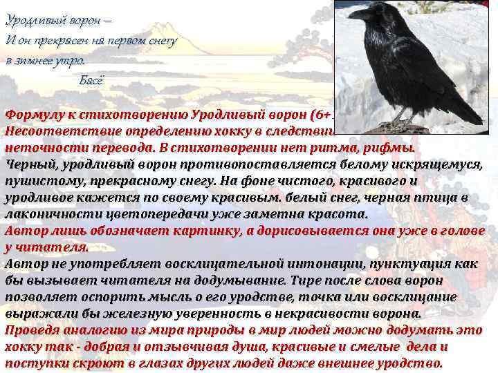 Уродливый ворон – И он прекрасен на первом снегу в зимнее утро. Басё Формулу