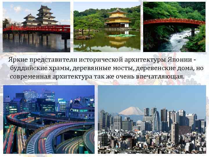Яркие представители исторической архитектуры Японии буддийские храмы, деревянные мосты, деревенские дома, но современная архитектура