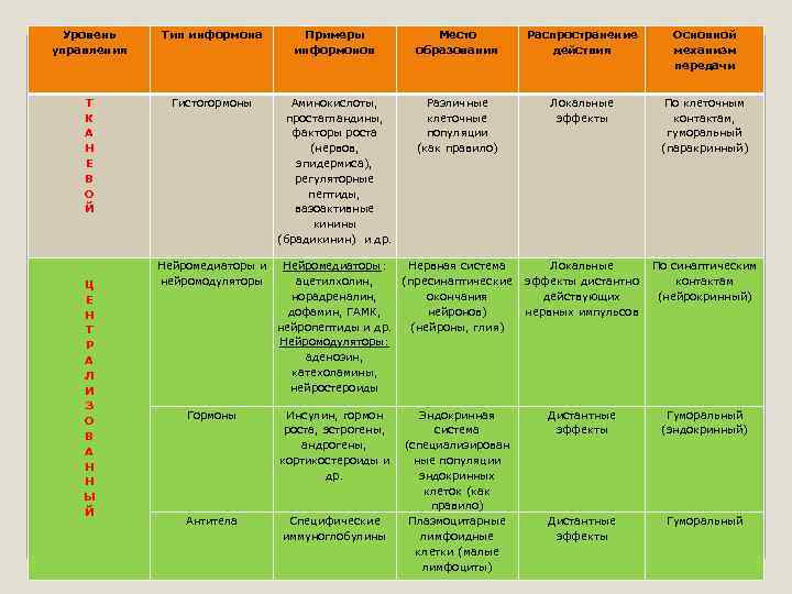 Уровень управления Тип информона Примеры информонов Место образования Распространение действия Основной механизм передачи Т