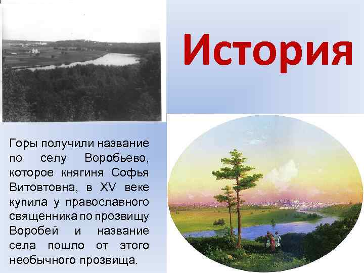 История Горы получили название по селу Воробьево, которое княгиня Софья Витовтовна, в XV веке