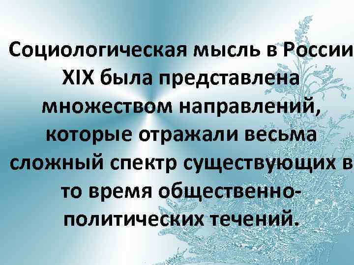 Социологическая мысль в России XIX была представлена множеством направлений, которые отражали весьма сложный спектр