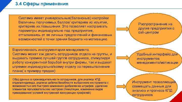 3. 4 Сферы применения Система имеет универсальные(балансные) настройки Величины получаемых баллов/ критериев из изъятия,