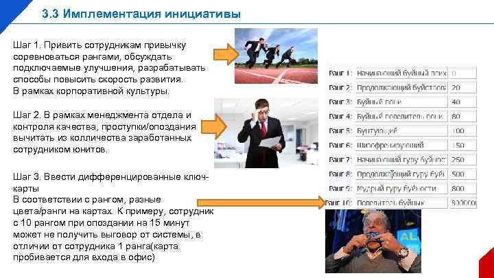 3. 3 Имплементация инициативы Шаг 1. Привить сотрудникам привычку соревноваться рангами, обсуждать подключаемые улучшения,