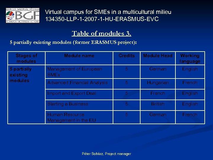Virtual campus for SMEs in a multicultural milieu 134350 -LLP-1 -2007 -1 -HU-ERASMUS-EVC Table