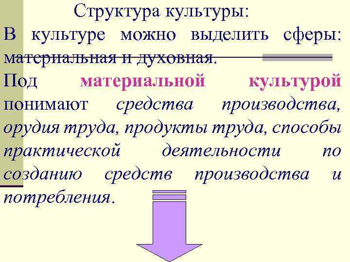 Структура культуры: В культуре можно выделить сферы: материальная и духовная. Под материальной культурой понимают