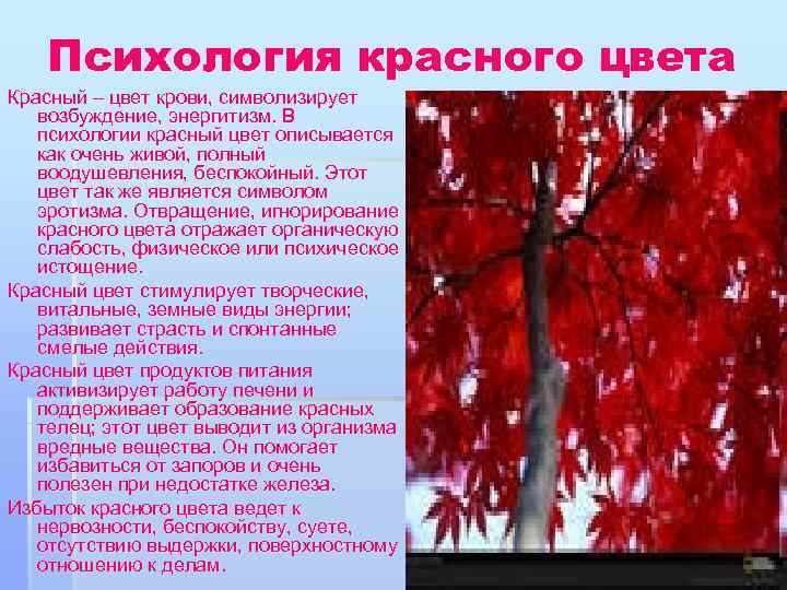 Психология красного цвета Красный – цвет крови, символизирует возбуждение, энергитизм. В психологии красный цвет