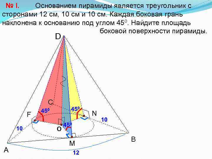 Основанием пирамиды является треугольник с № I. сторонами 12 см, 10 см и 10