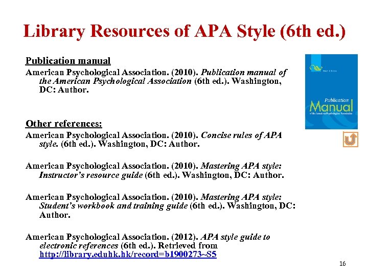 Library Resources of APA Style (6 th ed. ) Publication manual American Psychological Association.