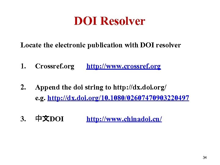 DOI Resolver Locate the electronic publication with DOI resolver 1. Crossref. org 2. Append