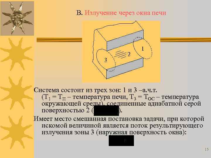 В. Излучение через окна печи 3 2 1 Система состоит из трех зон: 1