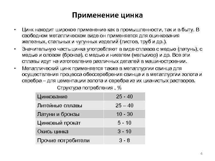 Применение цинка • • • Цинк находит широкое применение как в промышленности, так и