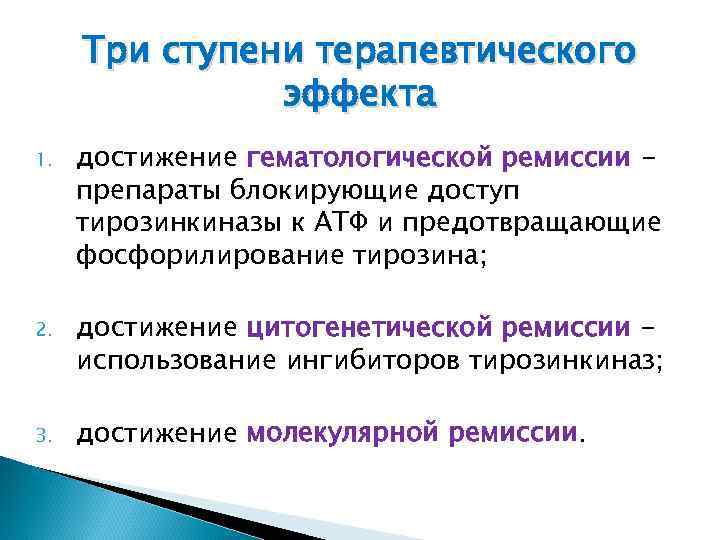 Три ступени терапевтического эффекта 1. достижение гематологической ремиссии препараты блокирующие доступ тирозинкиназы к АТФ