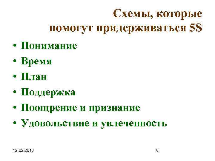 Схемы, которые помогут придерживаться 5 S • • • Понимание Время План Поддержка Поощрение