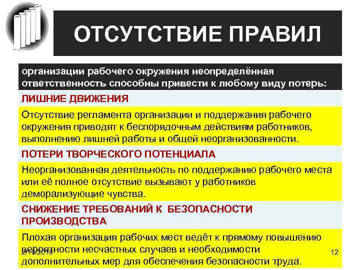 ОТСУТСТВИЕ ПРАВИЛ организации рабочего окружения неопределённая ответственность способны привести к любому виду потерь: ЛИШНИЕ