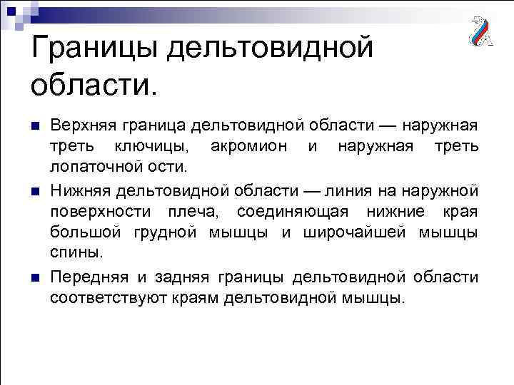 Границы дельтовидной области. n n n Верхняя граница дельтовидной области — наружная треть ключицы,