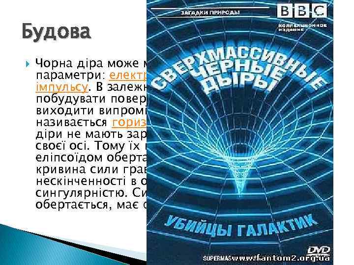 Будова Чорна діра може мати лише три фізичні параметри: електричний заряд і момент імпульсу.