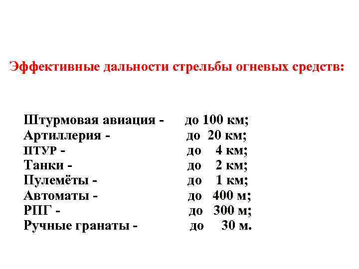 Эффективные дальности стрельбы огневых средств: Штурмовая авиация Артиллерия ПТУР Танки Пулемёты Автоматы РПГ Ручные