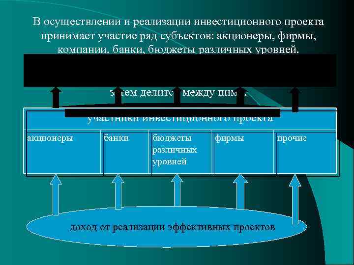 В осуществлении и реализации инвестиционного проекта принимает участие ряд субъектов: акционеры, фирмы, компании, банки,