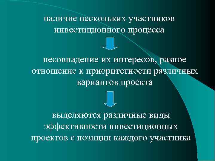 наличие нескольких участников инвестиционного процесса несовпадение их интересов, разное отношение к приоритетности различных вариантов