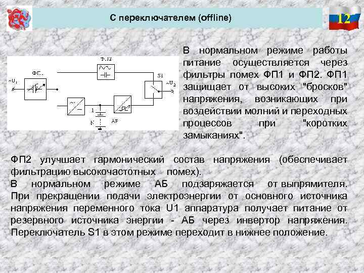 С переключателем (offline) 12 В нормальном режиме работы питание осуществляется через фильтры помех ФП