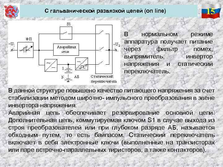 С гальванической развязкой цепей (on line) 15 В нормальном режиме аппаратура получает питание через