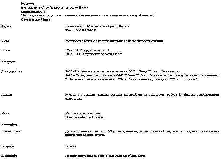 Резюме випускника Стрийського коледжу ЛНАУ спеціальності “Експлуатація та ремонт машин і обладнання агропромислового виробництва”