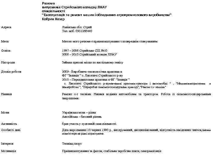 Резюме випускника Стрийського коледжу ЛНАУ спеціальності “Експлуатація та ремонт машин і обладнання агропромислового виробництва”