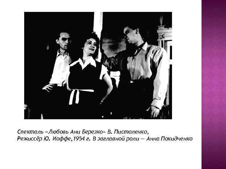 Спекталь «Любовь Ани Березко» В. Пистоленко, Режиссёр Ю. Иоффе, 1954 г. В заглавной роли