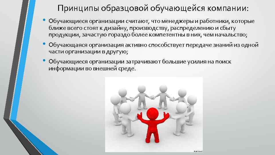 Принципы образцовой обучающейся компании: • • • Обучающиеся организации считают, что менеджеры и работники,