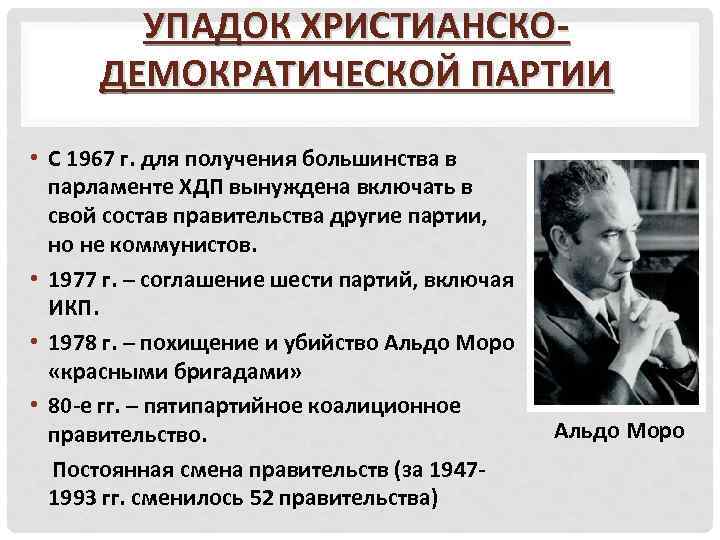 УПАДОК ХРИСТИАНСКОДЕМОКРАТИЧЕСКОЙ ПАРТИИ • С 1967 г. для получения большинства в парламенте ХДП вынуждена