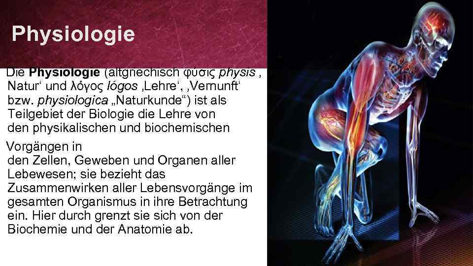 Physiologie Die Physiologie (altgriechisch φύσις phýsis ‚ Natur‘ und λόγος lógos ‚Lehre‘, ‚Vernunft‘ bzw.