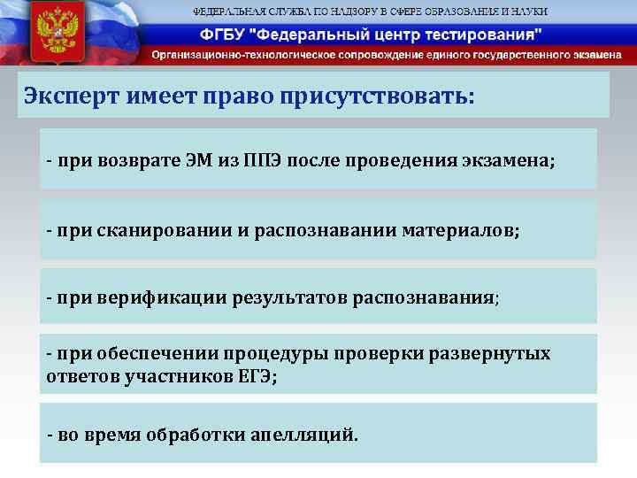 Эксперт имеет право присутствовать: - при возврате ЭМ из ППЭ после проведения экзамена; -