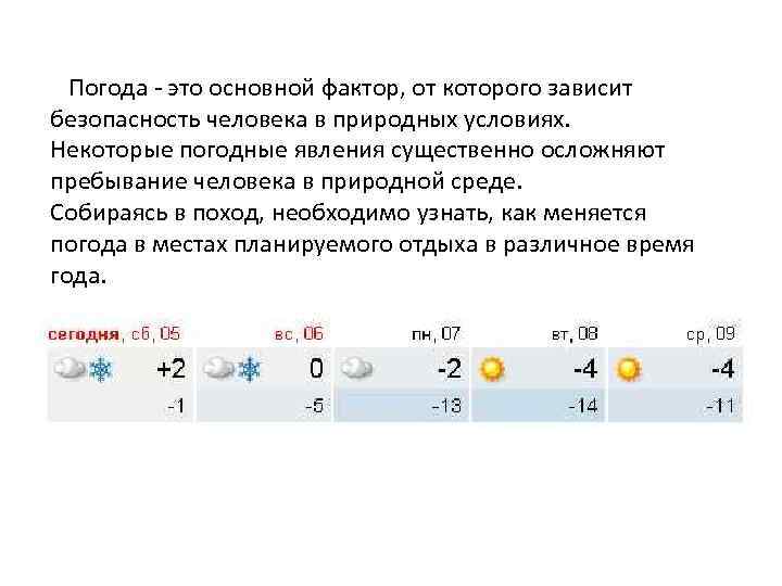 Погода – основной фактор Погода это основной фактор, от которого зависит безопасность человека в