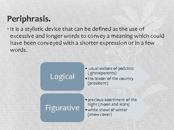 That can be. Logical periphrasis. Periphrasis stylistic device. Periphrasis is a stylistic device. Periphrasis functions.