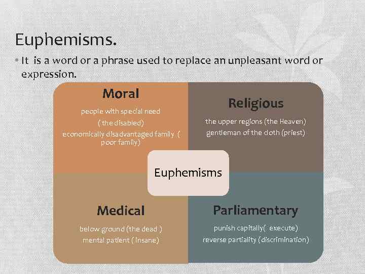 Euphemisms. • It is a word or a phrase used to replace an unpleasant