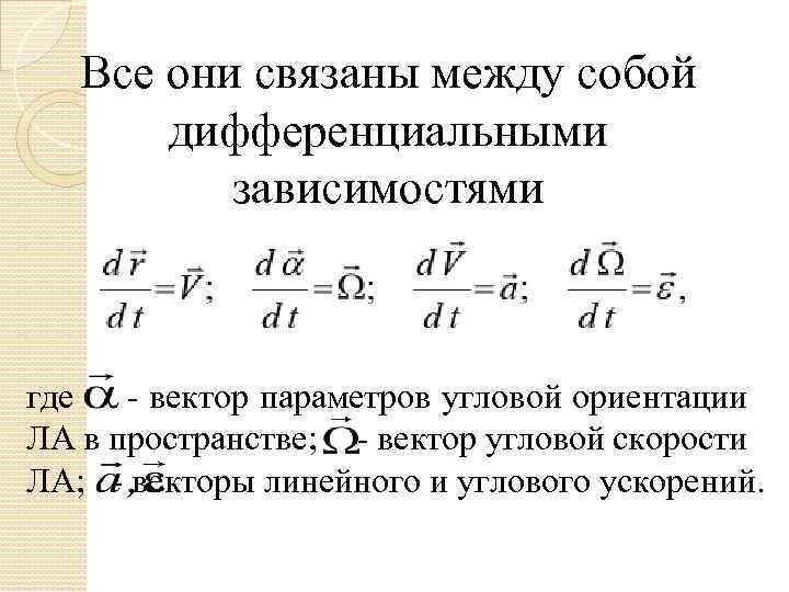 Все они связаны между собой дифференциальными зависимостями где - вектор параметров угловой ориентации ЛА