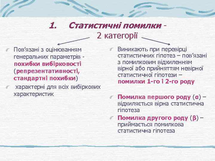 1. Статистичні помилки 2 категорії Пов’язані з оцінюванням генеральних параметрів похибки вибірковості (репрезентативності, стандартні