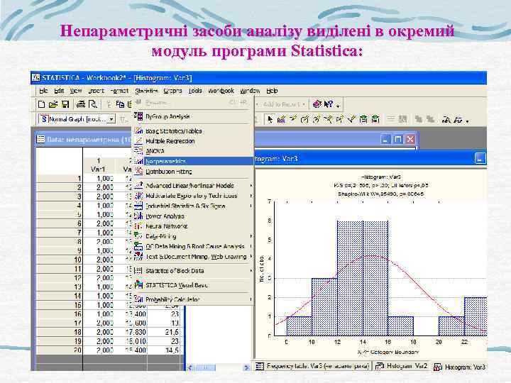 Непараметричні засоби аналізу виділені в окремий модуль програми Statistica: 