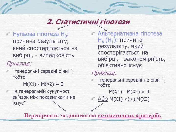 2. Статистичні гіпотези Нульова гіпотеза Н 0: причина результату, який спостерігається на вибірці, -