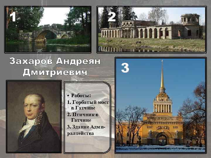 1 2 Захаров Андреян Дмитриевич • Работы: 1. Горбатый мост в Гатчине 2. Птичник