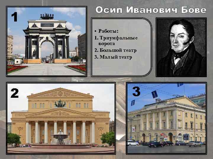 1 Осип Иванович Бове • Работы: 1. Триумфальные ворота 2. Большой театр 3. Малый